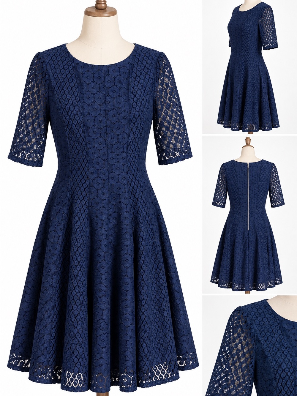 Danny & Nicole Navy Blue Lace Fit & Flare Midi Dress Size 8 Cocktail Party